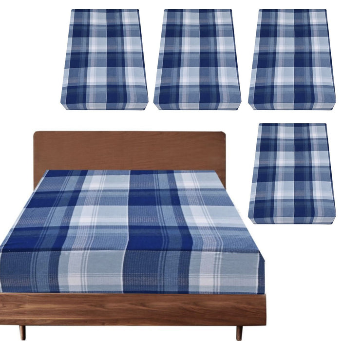 4x Queen Luxury 100% Cotton Flannelette Fitted Bed Sheet - Blue Check Print-#product_category#-Home Living Store