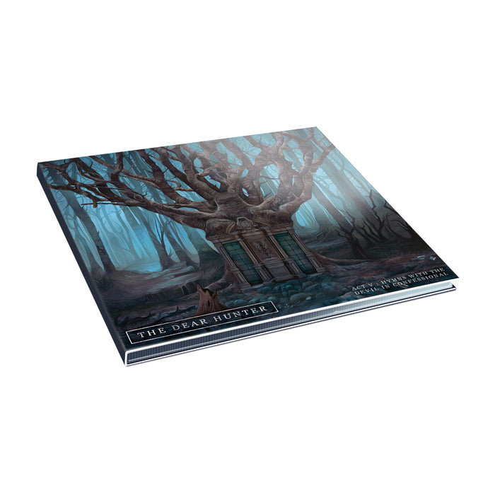 We see a CD with the artwork of a woods-like setting in the background but the main focus of the artwork is a tree that is also a tombstone. The tree and the tombstone have been combined together to create half tombstone half tree. At the bottom left corner text reads, THE DEAR HUNTER and at the bottom right text reads, Act V: Hyms With The Devil In Confessional.