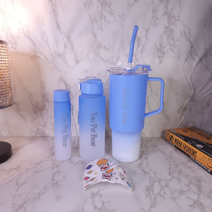 Blue Tau Pei Bear Portable Sports Water Bottle 3Pcs Set - Maha fashions - TUMBLER