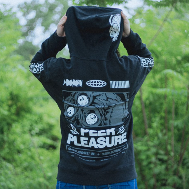 Back of black full zip hoodie. PEER PLEASURE written in white lettering with lightening bolts on the top corners of both sides. A design of a skull wearing headphones with three eyes is above the text. Above the drawing is the soundwave, globe, and barcode drawings. Below the PEER PLEASURE text is coordinates. An individual is modeling the shirt, holding the hood up and standing in front of trees.