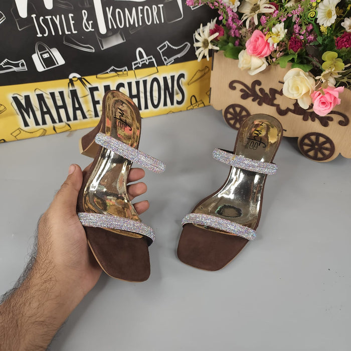 Brown Studs Strips Footwear in Heel - Maha fashions - Women Footwear