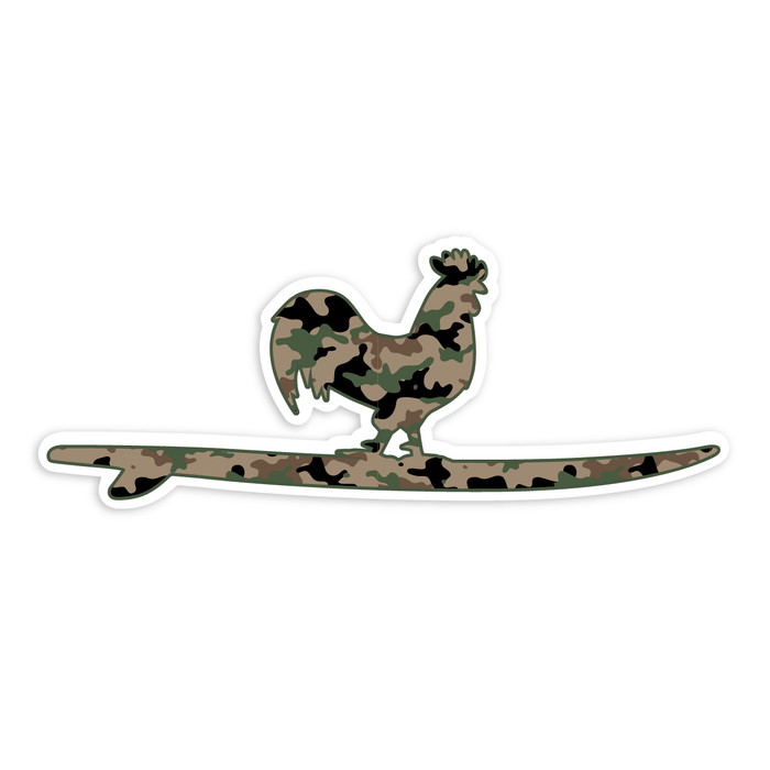 A silhouette of a rooster with a green, brown, and black camouflage pattern standing on a surfboard, also covered in a matching camouflage pattern, set against a white background.