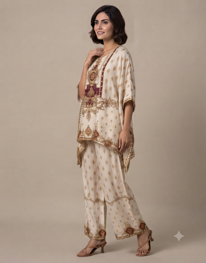 Model wearing an elegant cream-colored printed tunic and matching trousers set against a muted beige background.