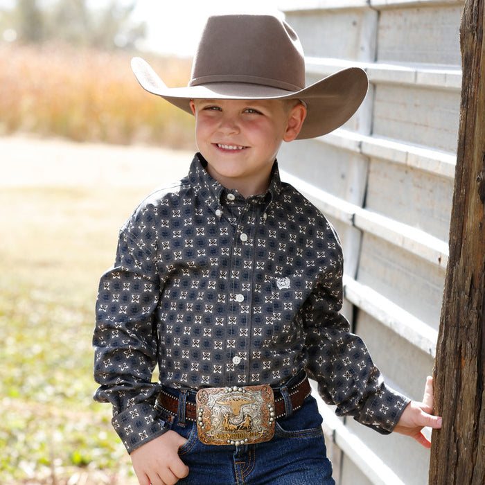 Cinch Youth Boy's L/S Button Down Western Shirt in Dark Toned Geometric
