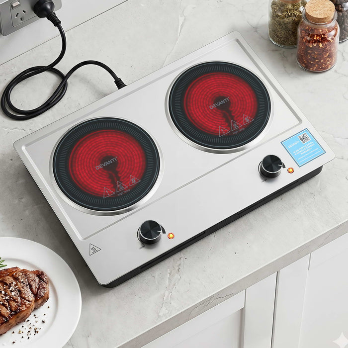 Devanti 2 Hobs Ceramic Cooktop Electric Hot Plate Infrared Knob Control 2400W - Devanti