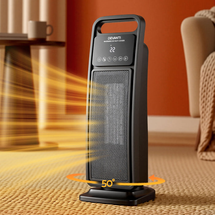 Devanti 2000W Ceramic Tower Heater Space Heaters Indoor Oscillating Black - Devanti