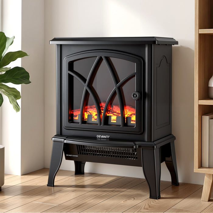 Devanti 2000W Electric Fireplace Heater Stove Freestanding 3D Flame Effect Indoor Space Heaters - Devanti