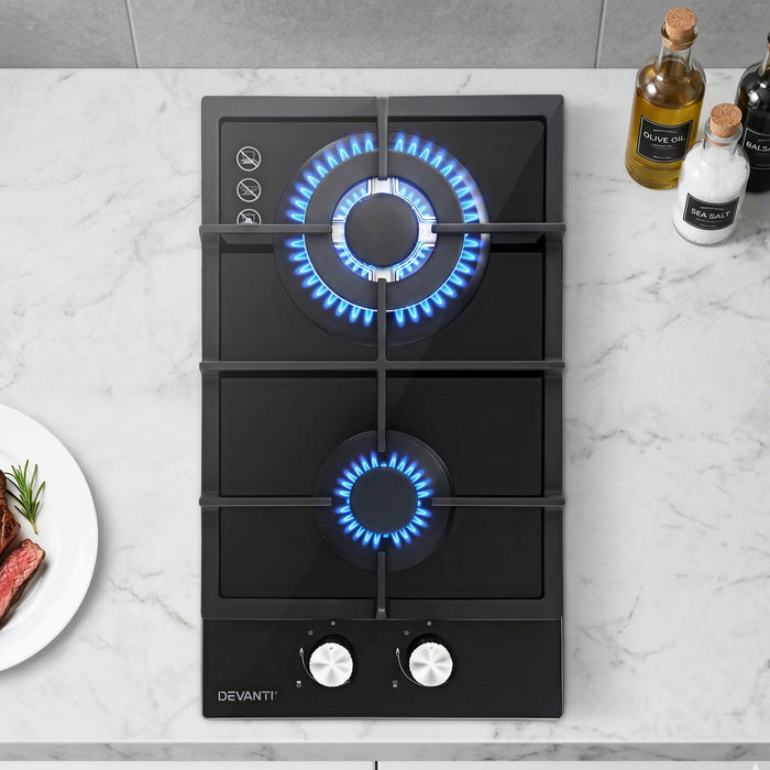 Devanti Gas Cooktop 30cm 2 Burner Built-in Stove Glass Cook Top NG LPG Wok Burner - Devanti