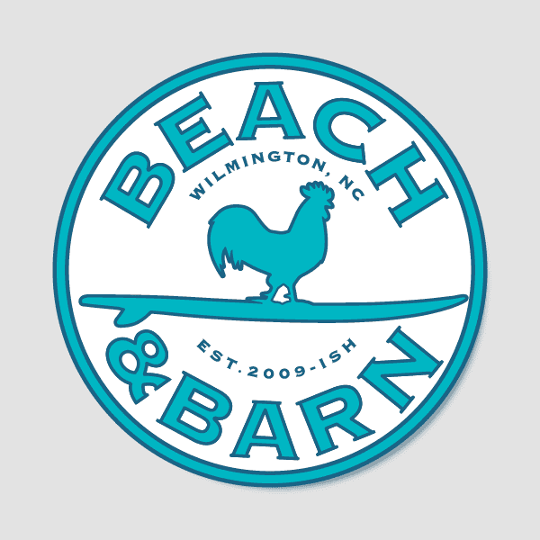 Circular logo for Beach & Barn, featuring a rooster standing on a surfboard. The text includes Wilmington, NC and Est. 2009-ish in teal font on a white background.