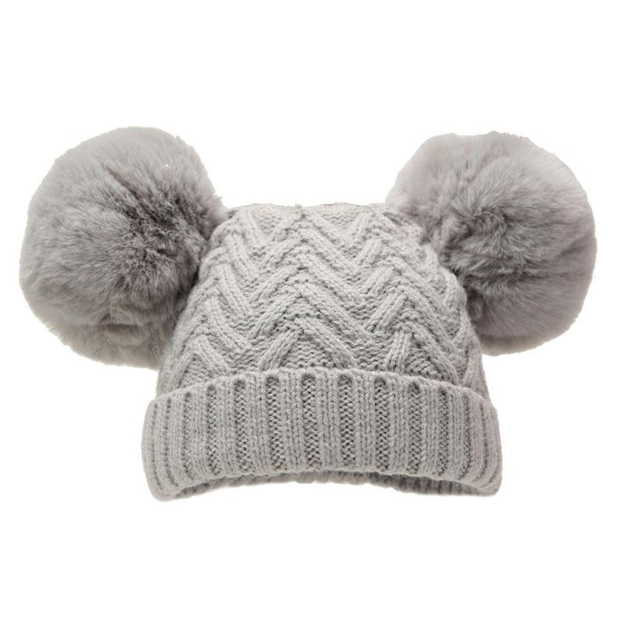 Grey 'Chevron' Knit Double Pom Pom Hat w/Cotton Lining (0-6 Months) H630-G-SM - Kidswholesale.co.uk