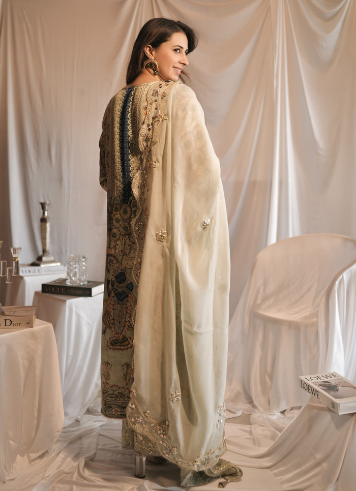 Paro Grey Moroccan Silk Kurta Pant Dupatta Set | Kurti Online Shopping