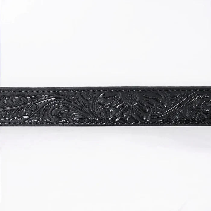 Hand-Tooled Black Floral Western Leather Belt with Oval Buckle