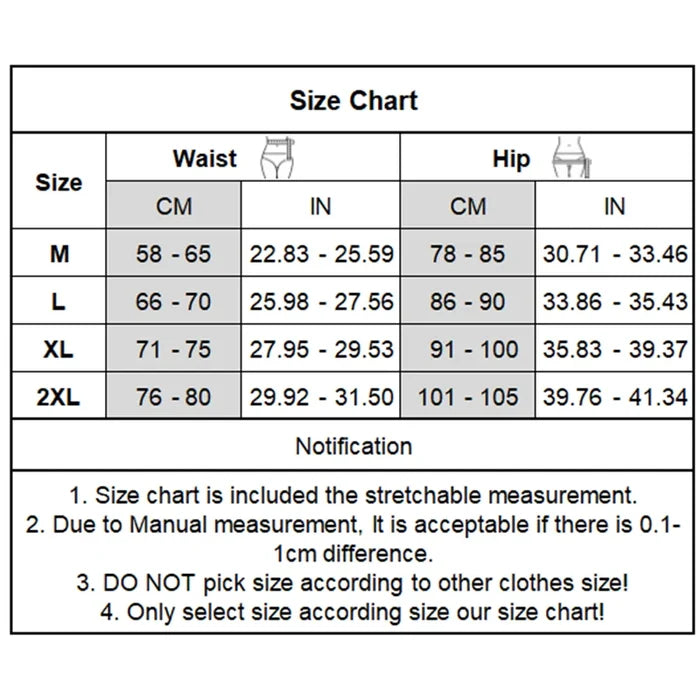 Size chart for waist and hip measurements with corresponding dimensions in centimeters and inches.