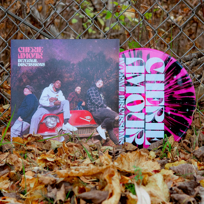 We see a vinyl cover with a picture of the band members sitting on an old 50s Cadillac. It is nighttime in the middle of winter and the stars are visible behind the band. In the top left corner there is text that reads Cherie Amour Internal Discussions. Sticking out of the vinyl cover is a vinyl colored pink and black. The album is leaning against a chain link fence in the middle of fall. There are leaves on the ground.