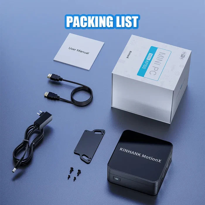 Packing list with KINHANK MotionX device, cables, and manual on a blue background