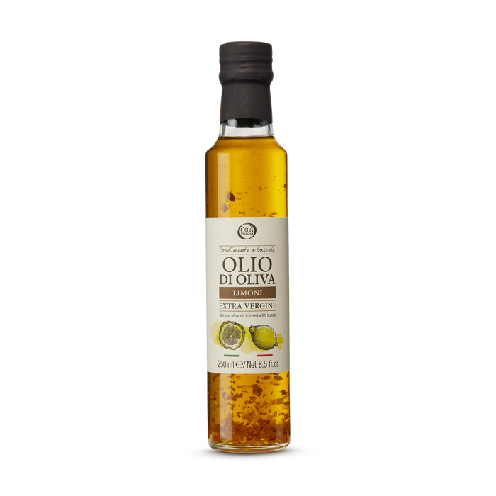 Bottle of Olio di Oliva lemon-infused olive oil on a white background