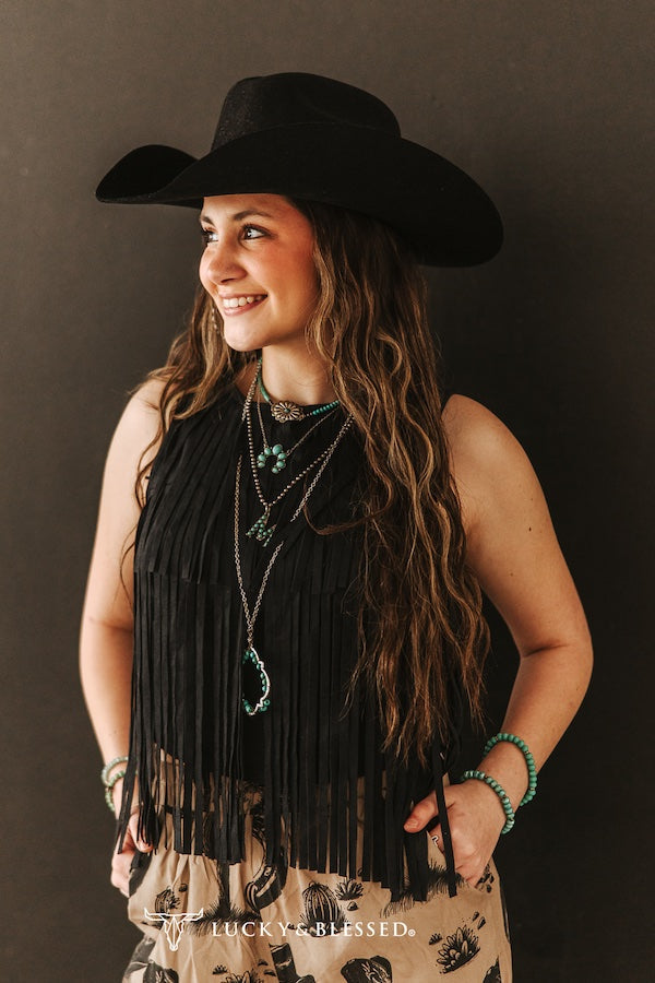 Lucky & Blessed Black Fringe Top