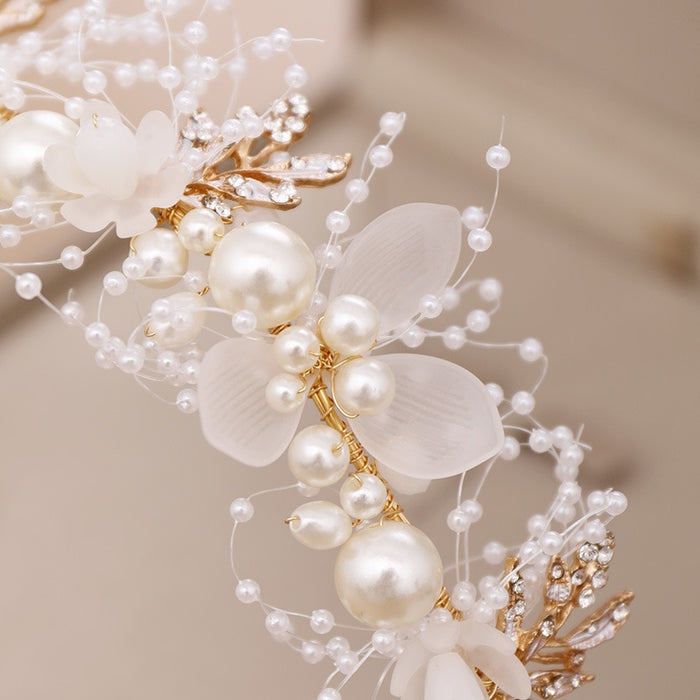 Luxurious Gold Simulated Pearl and Rhinestone Bridal Hair Band-Tiara