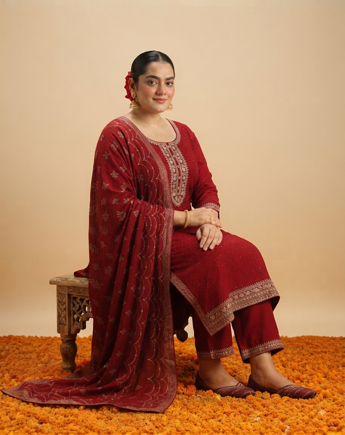 A full-body studio portrait of a plus-size South Asian female model standing gracefully against a light beige background. The floor is thickly covered with a bed of scattered orange marigold flowers. The model is wearing a deep maroon silk blend three-piece suit set. The long, straight kurta features intricate gold and maroon floral thread embroidery around the scoop neckline and a scattered pattern across the fabric. She wears matching maroon straight-cut pants with visible side pockets. A long, flowing ma