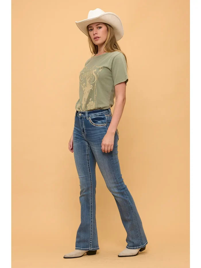 Mid Wash Aztec Embroidery Boot Cut Western Jeans
