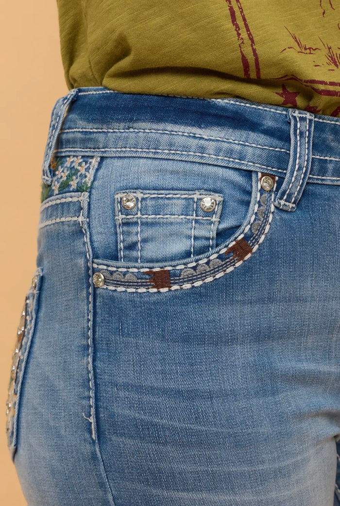 Mid Wash Horseshoe Embroidery Boot Cut Western Jeans