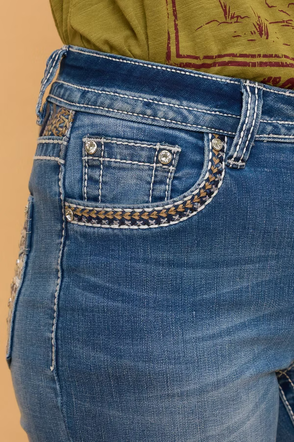 Mid Wash Patterned Embroidery Boot Cut Western Jeans