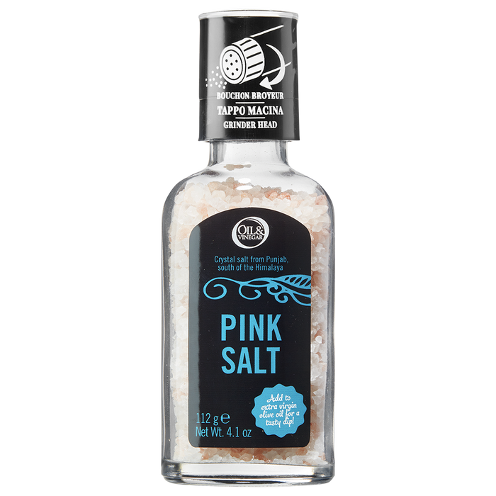 A glass bottle of pink salt with a grinder cap, labeled and including product information.