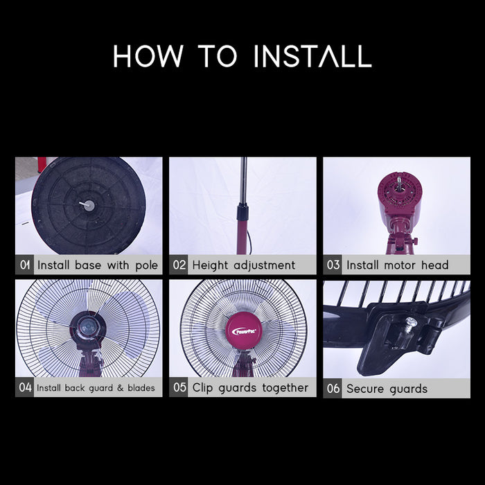 PowerPac 16" Stand Fan – Strong Airflow, Adjustable Tilt & Height, Oscillation, Timer, Durable, Energy-saving, 4-Speed, red, PPFS50