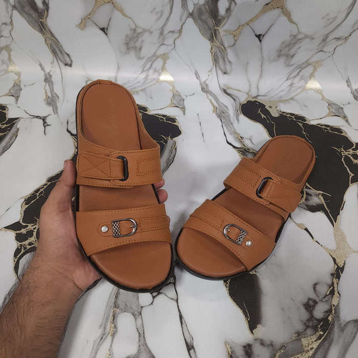 Premium Mustard Leather Double Strap Slippers - Maha fashions - Men Footwear