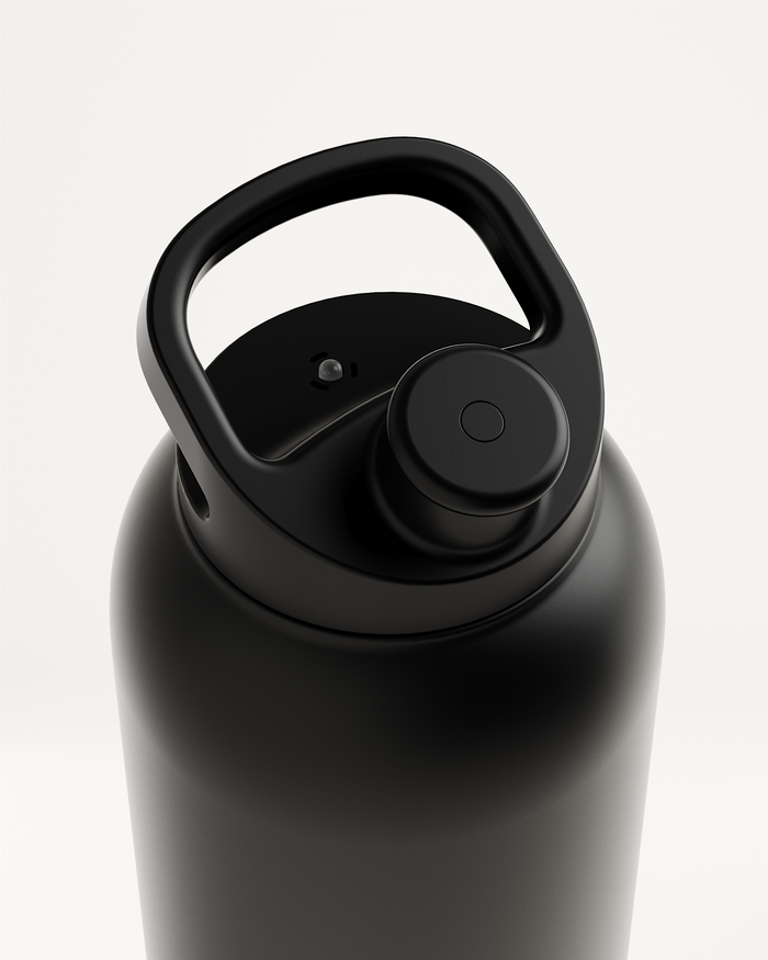 Pull-Up Lid matte-black insulated water bottle with wide mouth.