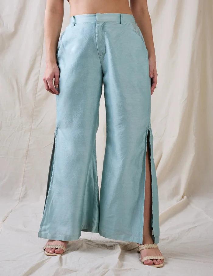 Sea Green Ravya Co-ord Set with Solid Bustier, Wide-Leg Pants and Embroidered Sleeveless Cotton Net Jacket for Women