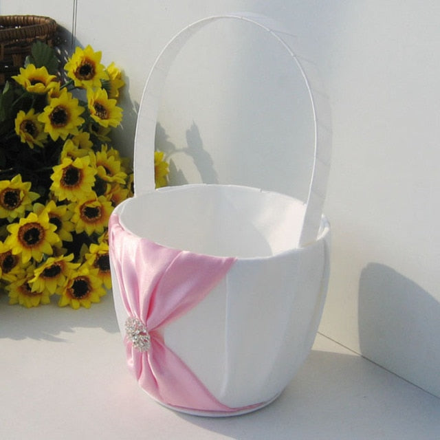 Ribbon Knot and Rhinestone Button Design-White or Ivory Wedding Flower Girl Basket