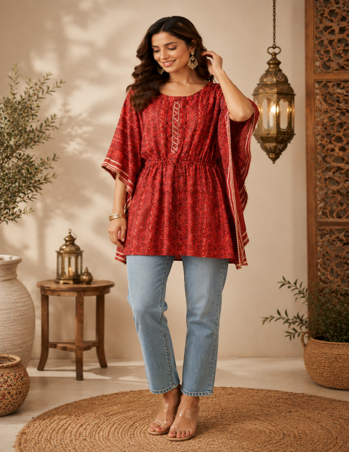 Ruby red printed short kaftan top with ethnic motifs, V-neck detailing, and relaxed fit paired with contrasting bottoms for a stylish everyday look.