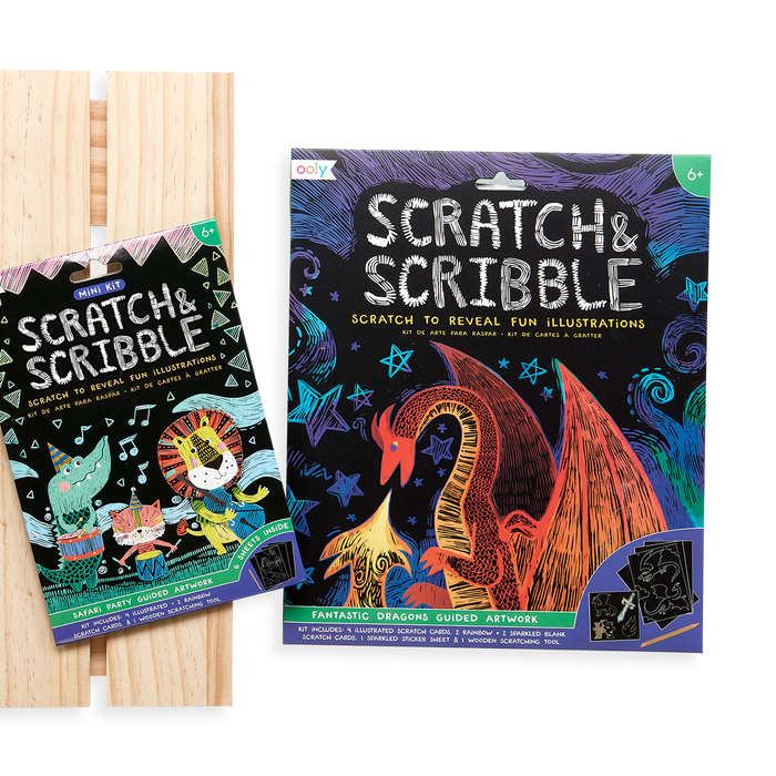 Display image of the OOLY Safari Party Scratch and Scribble Mini Scratch Art Kit next to the original Fantastic Dragons Scratch and Scribble.