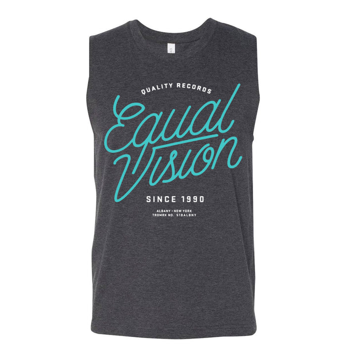 A sleeveless dark gray muscle tank by Equal Vision Records, featuring βQuality Records Equal Vision Since 1990 Albany, New York, TOWER NO. STRADARYβ in white and light blue text on the front.