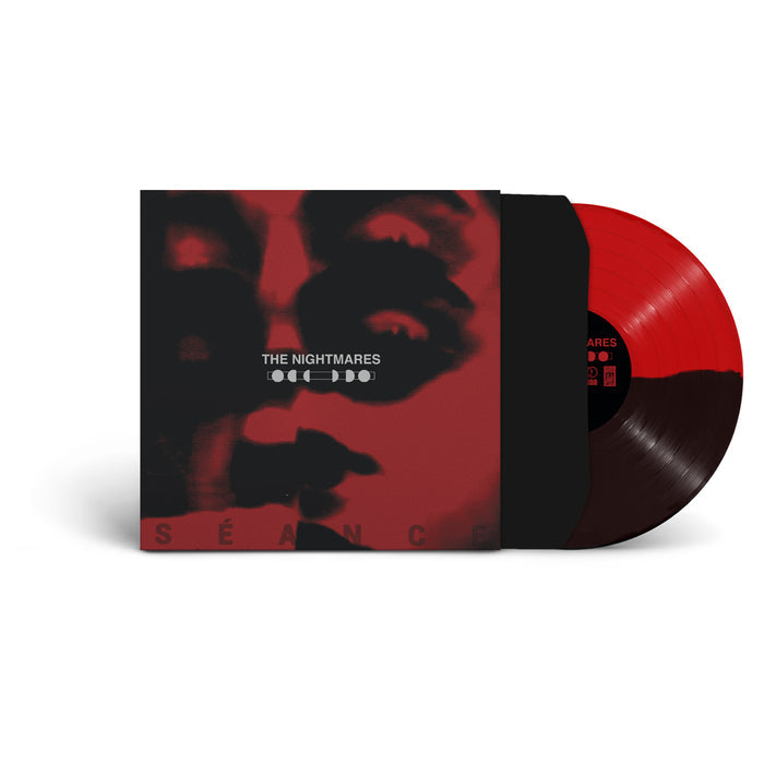 Black and red vinyl case that shows a trippy looking face and has text that reads The nightmares and text on the bottom that reads Seance. Sticking out of the vinyl case is a black and red vinyl.
