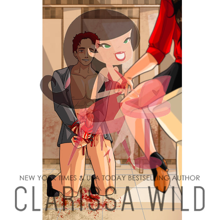 Signed card with character art from EVIL BOYS: sub scene Milo & Lana in the bathroom