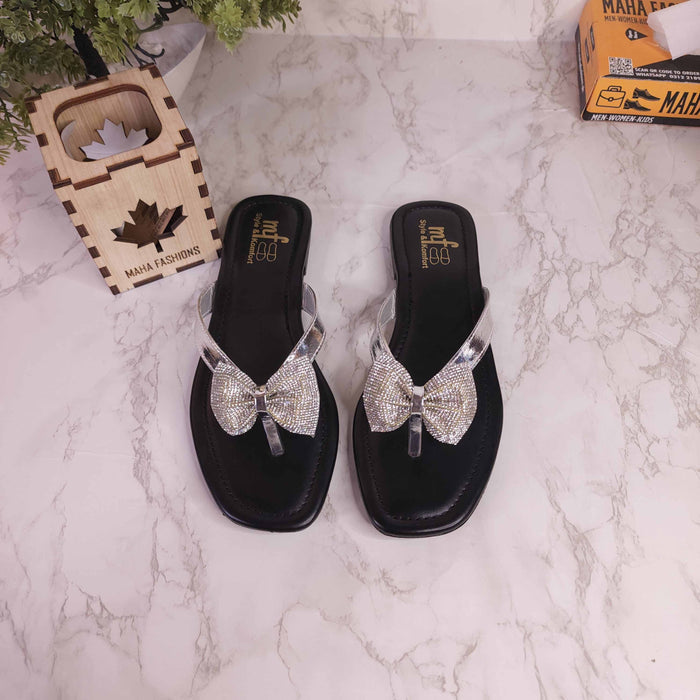 Silver Bow Slippers - Maha fashions - woman footwear