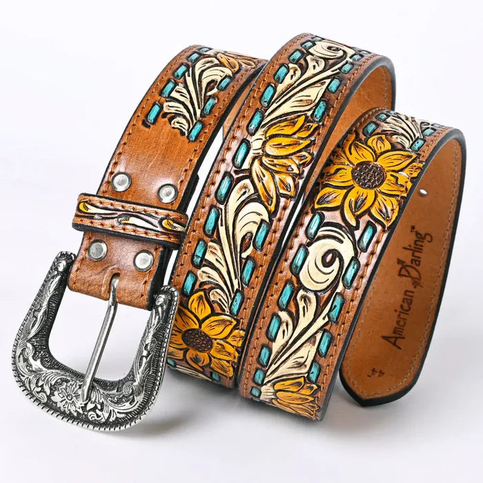 Sunflower Tooled Leather Belt with Teal Whipstitch and Silver Buckle