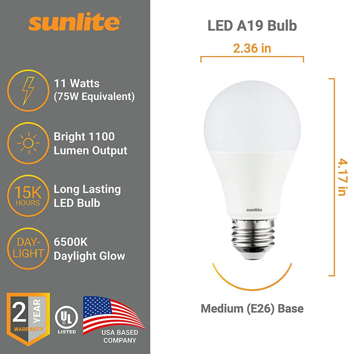 Sunlite LED Bulb 75 w Upgrade to LED with this standard A19 shape household light bulb with medium base (E26). These non-dimmable bulbs are an energy efficient replacement for incandescent bulbs. At 11 watts, they use less energy -80684 Hannah's Variety Store