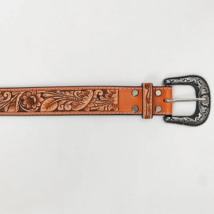Tan Hand-Tooled Leather Belt with Classic Floral Design & Silver Buckle