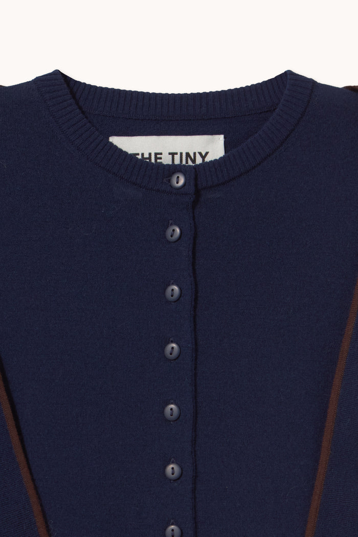 Tiny Big Sister Scarf Neck Lara Cardigan - Navy AW26-668 button detail Shop Tiny Big Sister at Dotique