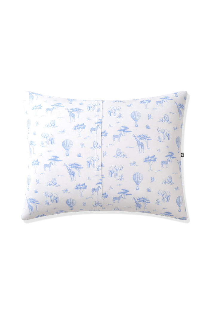The back of the Toddler Pillowcase in Toile Safari showing the envelope closure on a pillow