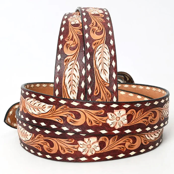 Tooled Leather Western Belt - Feather & Floral Carving with White Diamond Edge and Silver Buckle