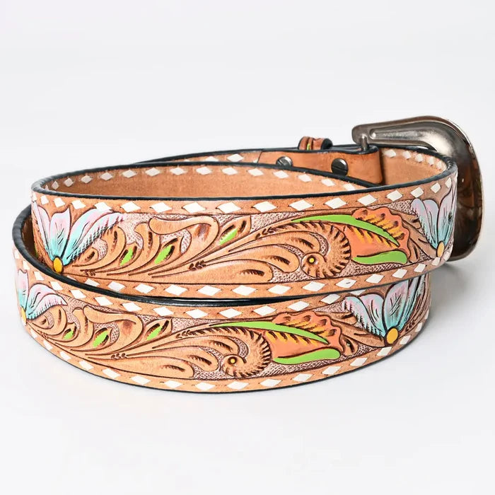 Tooled Leather Western Belt - Pastel Blue & Pink Floral Design