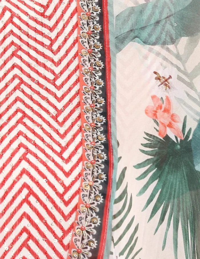 Red Printed Sequin Palazzo Set With Tropical Printed Jacket featuring a sequin top, flared palazzos, and cream tropical printed georgette jacket for women.