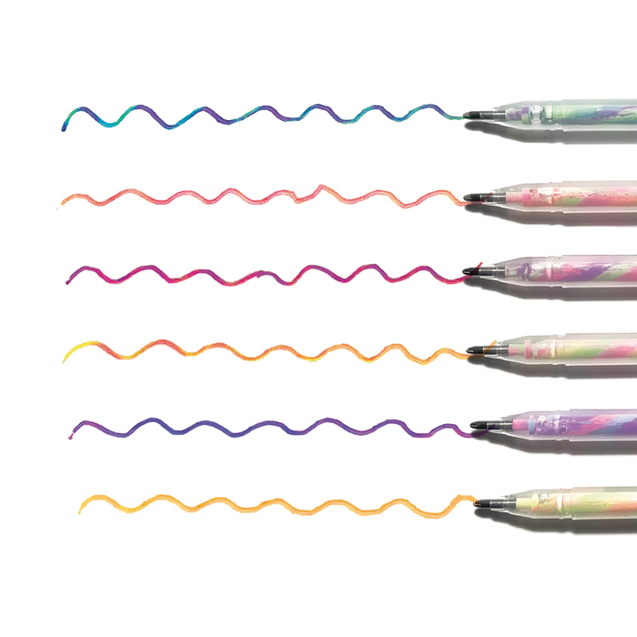 Row of OOLY Tutti Fruitti Scented Gel Pens with squiggly swatch lines showing multi colors