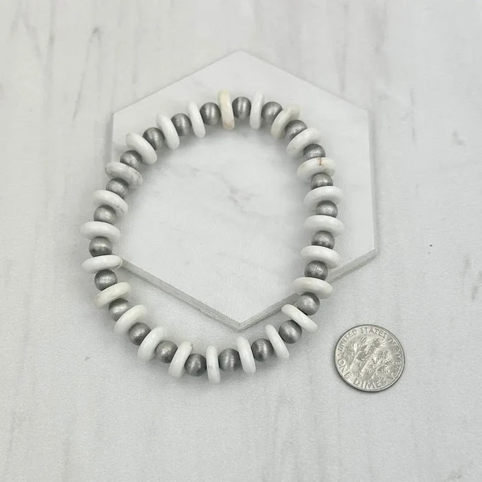 White Bead and Silver Navajo Inspired Pearl Stretch Bracelet