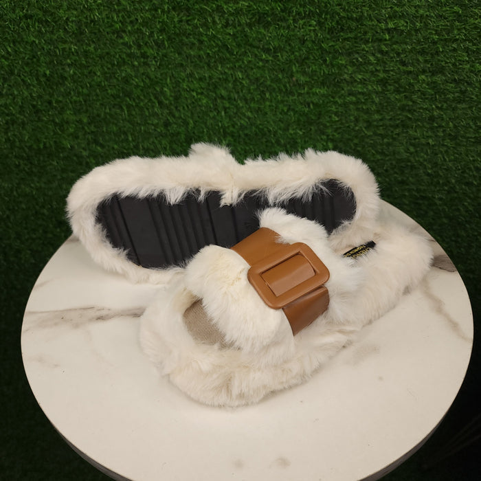 White Brown Fur Slippers - Maha fashions - Women Footwear