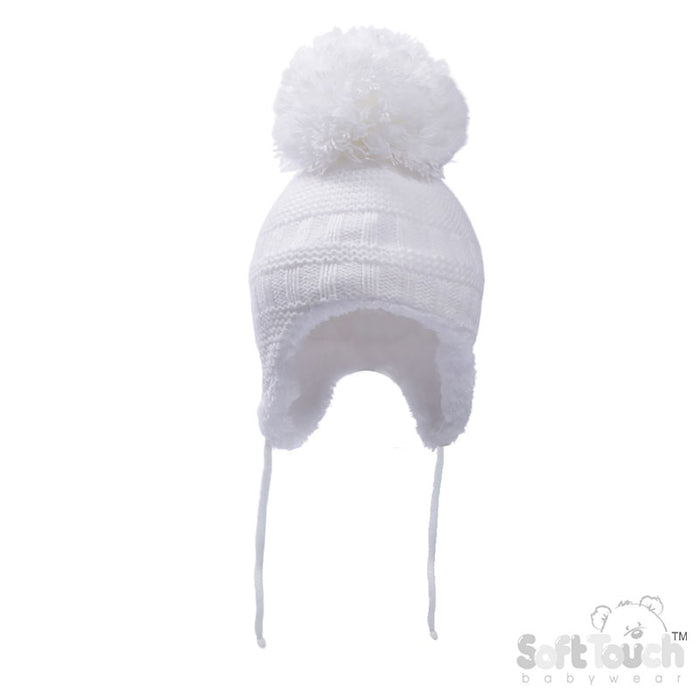 WHITE, STEEL BUE, DUSTY PINK KNITTED HAT W/POM POM, STRING & SHERPA LINING (NB-12 Months) H644-SM